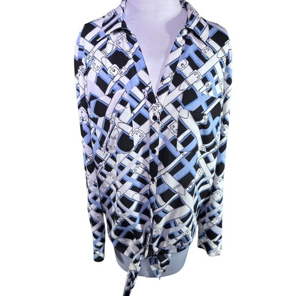 Jones New York Womens Button Up Blouse Tie Front Black Blue Patterned Size M - Picture 3 of 10